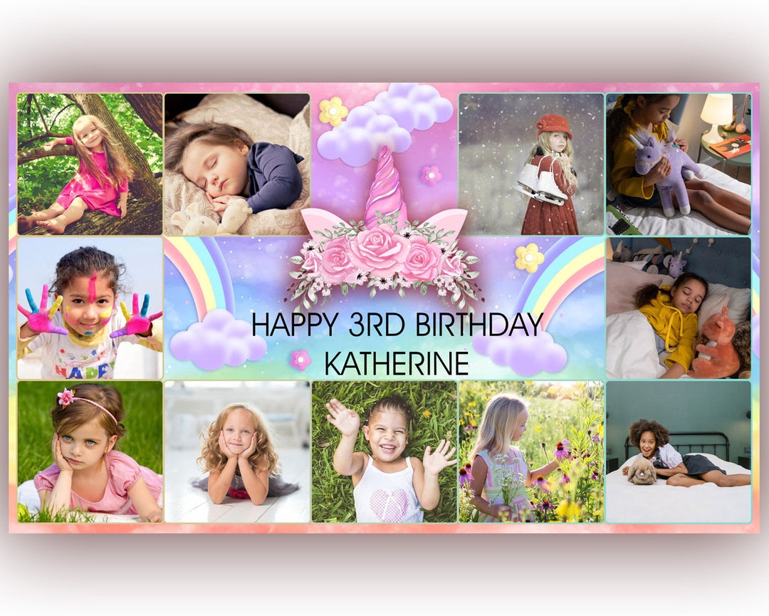 Personalised Birthday Banner Photo Unicorn Rainbow Flower