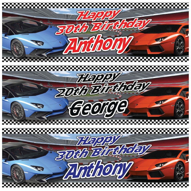 2 personalised birthday banner super car fast lamborghini children adult kids party poster decoration