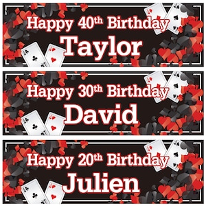 2 personalised birthday banner playing card adults casino poker party-18th 21st 30th 40th 50th 60th 70th 80th birthday decorations