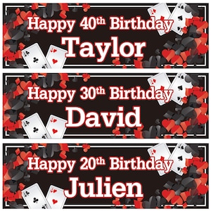 2 faixas de aniversário personalizadas, cartas de jogo para adultos, festa de pôquer de cassino-18, 21, 30, 40, 50, 60, 70 e 80 anos, decorações de aniversário