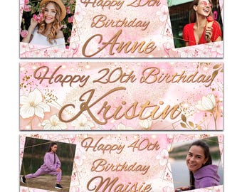 2 personalised birthday banner Photo pink girl flower party decoration celebration anniversary -18th 20th 30th 40th 50th birthday woman kids