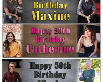 Personalised Birthday Banner Photo Man Woman Boy Girl Children Party Poster Decoration Customised Celebration banner gold white pink black