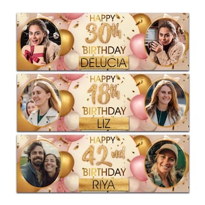 2 pancartas de cumpleaños personalizadas con foto, globo decorativo para fiesta de oro rosa y rosa, para celebrar el 18, 20, 30, 40 y 50 años