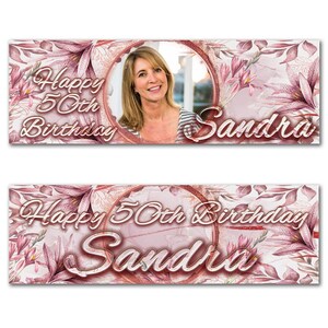 Banner de foto de cumpleaños personalizado, decoración de fiesta con hojas de flores rosas, póster para mujer y niña, celebración del 18, 20, 30, 40 y 50 años