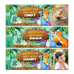 2 Personalised Birthday banner photo Dinosaur boy girl Children kids Party celebration Poster Decoration- any age, any name