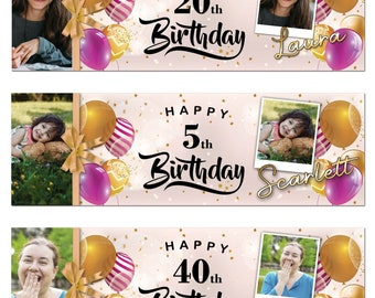 2 personalised birthday banner photo gold balloon kid girls adults party poster