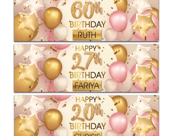 2 personalised birthday banner Rose Gold Pink celebration poster decoration star balloon bunting party banner-16th 18th 21st 30th 40th 50th