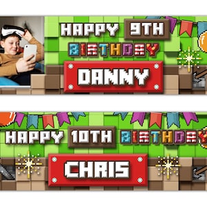 personalised birthday banner backdrop photo pixel video gamer theme children kids boy girl party poster decoration custom celebration banner