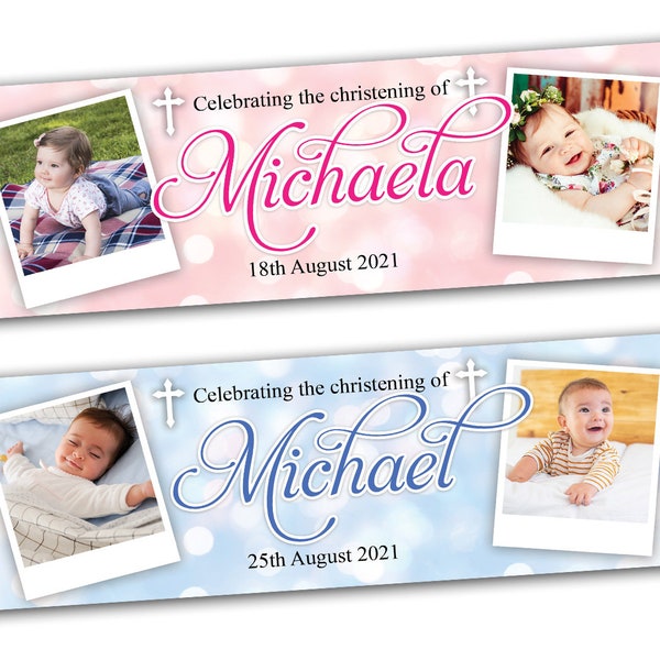 2 Personalised Christening Banner Baptism Naming Day Photo Baby Party Decoration baby shower