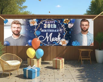 Personalised Outdoor Birthday Banner with Photo Name White Blue Balloon Man Woman Children Kid Custom Vinyl Party Sign Waterproof Decoration
