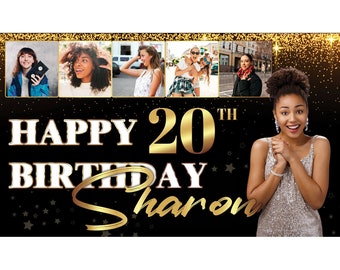 Banner Di Compleanno Personalizzato Con Foto: Sfondo Oro E Nero Con Stelle E Palloncini, 150x90 Cm, Per Interni O Esterni