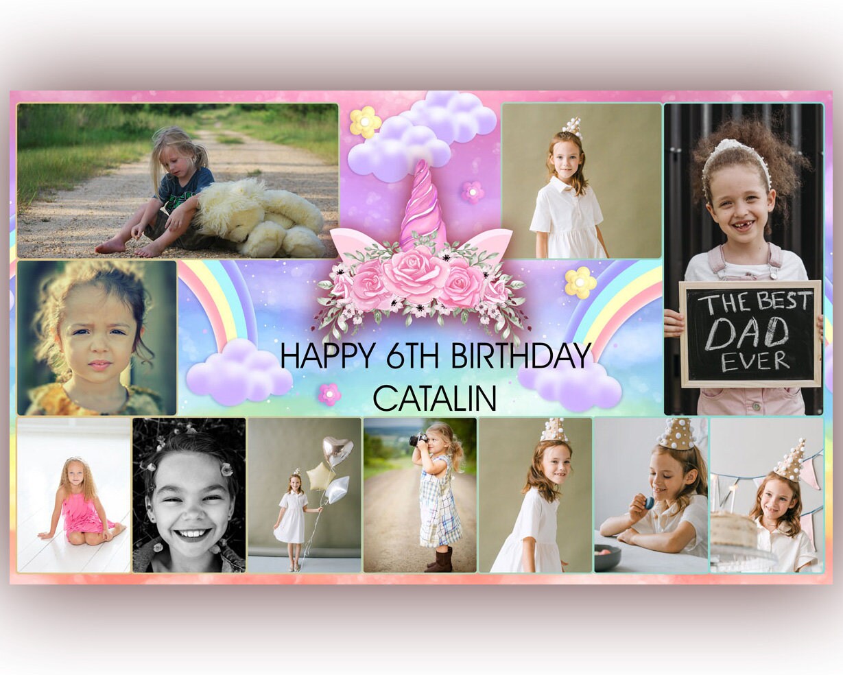 Personalised Birthday Banner Photo Unicorn Rainbow Flower Girls Kids ...