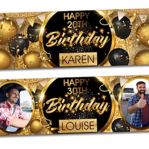 2 personalised birthday banner Photo gold party decoration balloon celebration anniversary -18th 20th 30th 40th 50th birthday man woman kids