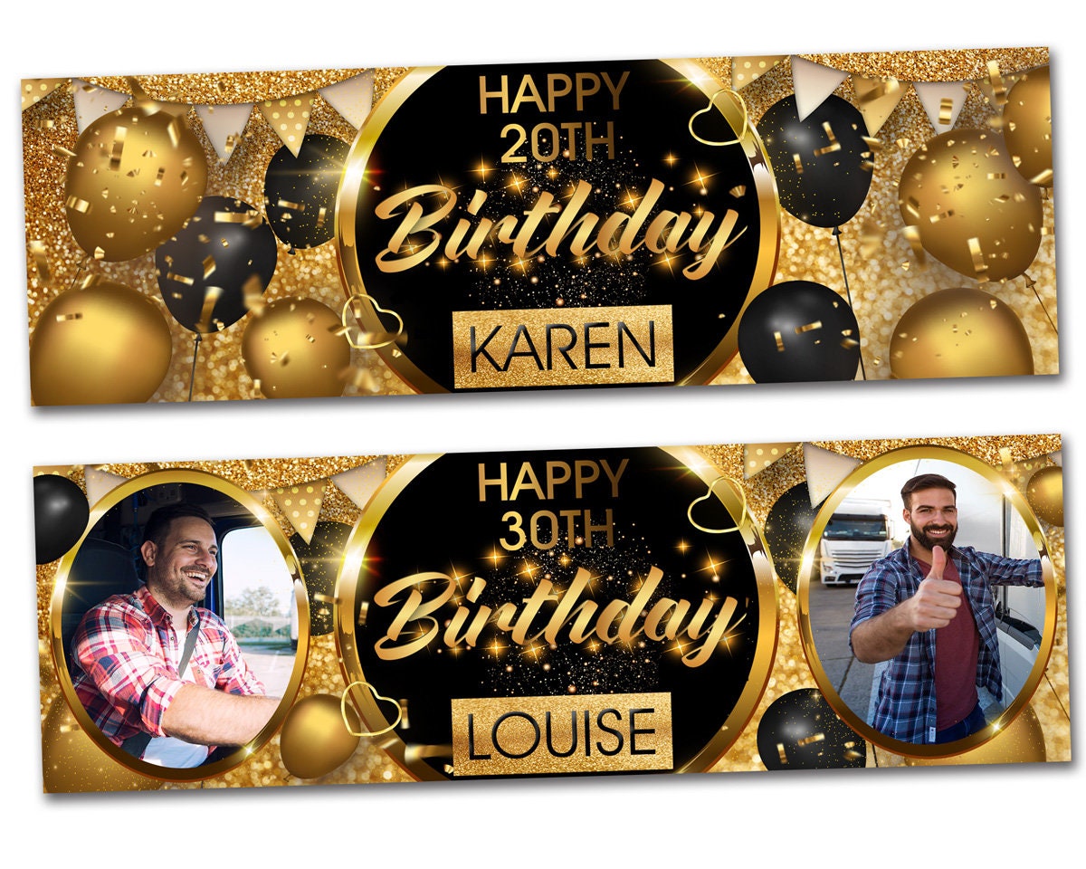 2 Personalised Birthday Banner Photo Gold Party Decoration Balloon