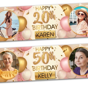 2 personalised birthday banner Photo Rose Gold Pink party decoration balloon celebration anniversary gift-18th 20th 30th 40th 50th birthday