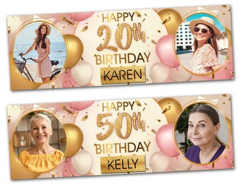 2 personalised birthday banner Photo Rose Gold Pink party decoration balloon celebration anniversary gift-18th 20th 30th 40th 50th birthday