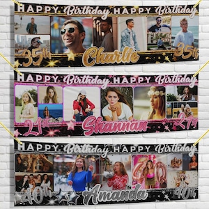 Banner de tela con foto de cumpleaños personalizado, globo plateado, negro y rosa, decoración para fiesta, póster para hombre, mujer y niños (18, 20, 30, 40 y 50 años)