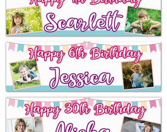 2 personalised birthday banner photo Bunting kid girls adults party poster