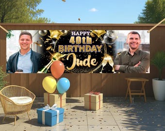 Pancarta de cumpleaños personalizada para exteriores con foto, nombre, globos dorados y negros, regalo, champán, hombre, mujer, letrero de fiesta de vinilo personalizado, decoración impermeable