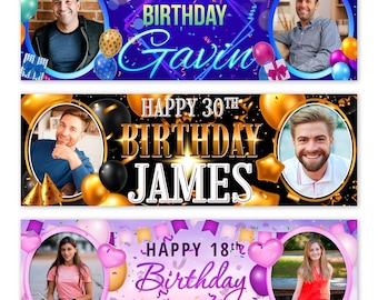 2 personalised birthday Photo banner Blue Gold Pink party custom poster decoration celebration anniversary woman man boy girl children gift