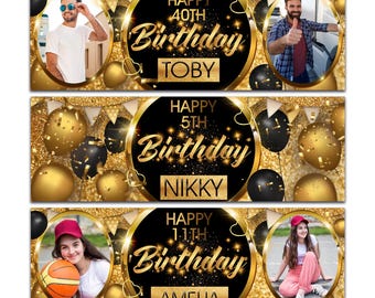 Personalised birthday Photo banner gold balloon party decoration man woman kids celebration-18th 20th 30th 40th 50th