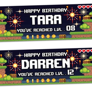 2 personalised birthday video game console banner pixel boy kids party decoration poster