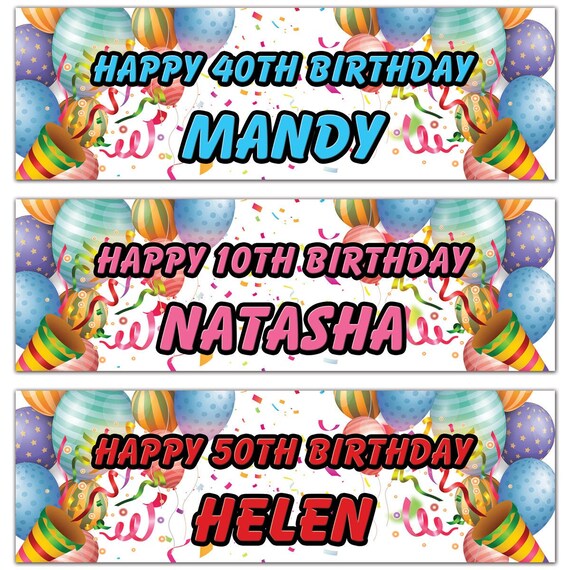 2 Personalisierte Geburtstagsbanner - Ballon & Konfetti Design Für 1., 18., 30., 40., 50., 60., 70., 80. Geburtstag (ca. 60x180cm)