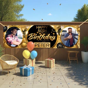Personalisierte Outdoor Geburtstagsbanner mit Foto Name Gold Schwarz Ballon Mann Frau Kinder Benutzerdefinierte Vinyl Party Schild Wasserdichte Dekoration
