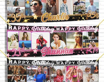 Personalised birthday Photo fabric banner silver black pink balloon party decoration poster man woman children -18th 20th 30th 40th 50th