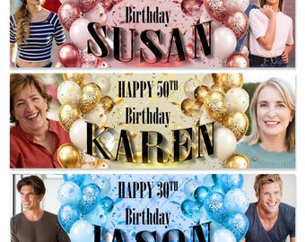 Personalised Birthday Banner Photo Gold Pink Blue Balloon Man Woman Girl Boy Party decorations gift 1st 2nd 18th 21st 30th 40th 50th 60th