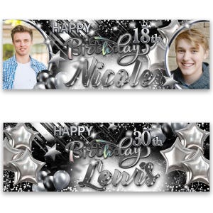 Banner de foto de cumpleaños personalizado, globo negro plateado, estrella, decoración de fiesta, póster para hombre, mujer y niños, celebración del 18, 20, 30, 40 y 50 años