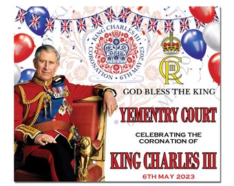 Personalised King Charles III Coronation Fabric Banner Poster Decorations Street Party Balloon 2023 Royal Celebration Events Memorabilia UK