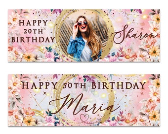 2 personalised birthday banner Photo pink party decoration flower celebration anniversary -18th 20th 30th 40th 50th birthday woman kids