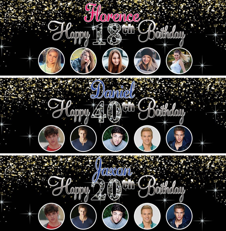 2 Personalised Birthday Banners Photo Silver Glitter Adults Etsy