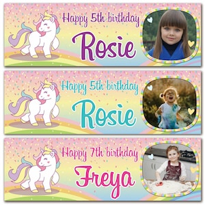 2 Personalised Birthday Banner Photo Rainbow Unicorn Children Girls Adult Party Poster