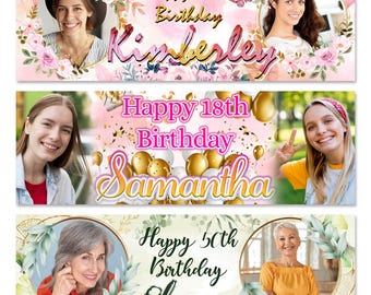 Personalised Birthday Banner Cusom Photo Balloon Flower Woman Girl Party Decorations for 18th,30th,40th,50th,60th,70th,80th birthday poster