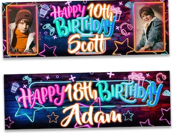 2 personalised birthday banner photo neon theme balloon hearts man woman kids children boy girl party decoration-18th 21st 30th 40th 50th