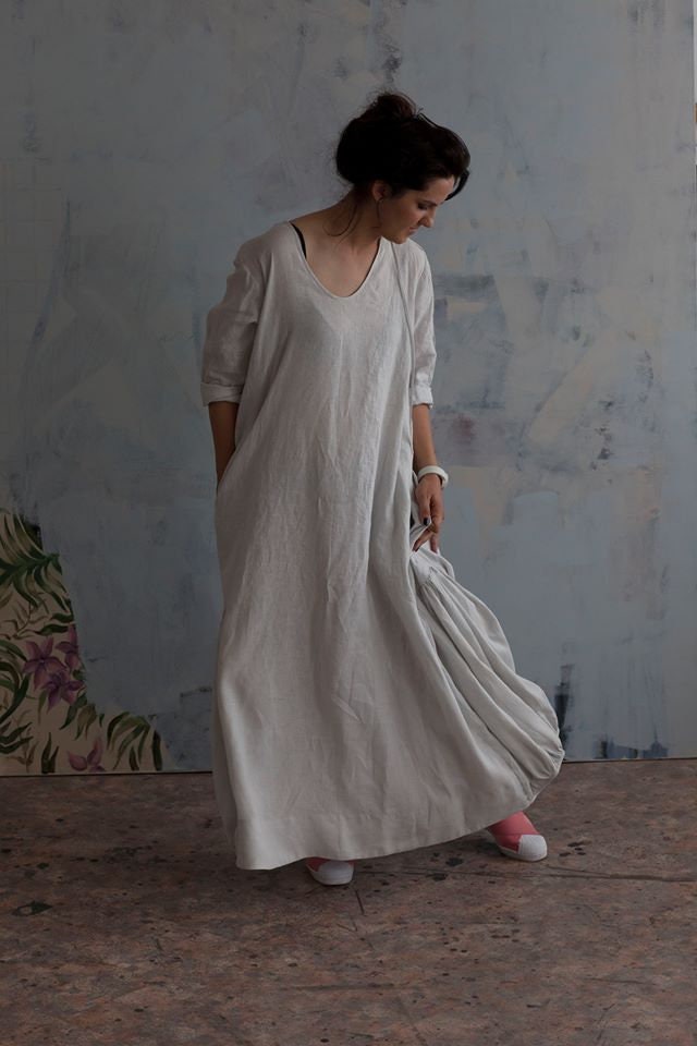 Long Linen Dress FOG COLORS / designer made/ 3/4 sleeve /flattering trapeze / pockets /decorative ties / pre-washed linen/ vent on the back