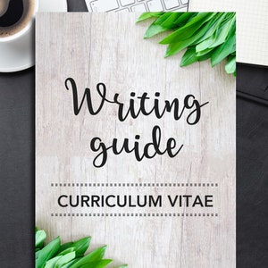 May include: A printable writing guide for creating a curriculum vitae. The guide has a woodgrain background with green leafy plants in the corners and the text "Writing guide" and "Curriculum Vitae" in black.