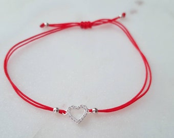 925 sterling silver, zirconia stones, heart, minimal style, cord lucky bracelet