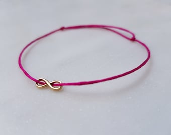 14K solid yellow/rose gold or sterling silver, thread bracelet, infinity pendant, sliding knot, love bracelet