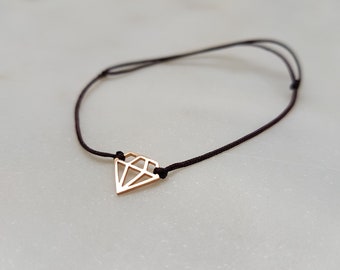 14K solid yellow/rose gold or sterling silver, diamond shaped pendant, bracelet, minimalist, silk cord, sliding knot "Wandering diamond"