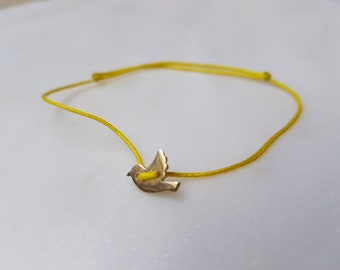 14K solid yellow/rose gold or 925 sterling silver, cord bracelet, little bird, sliding knot, love bracelet, "Wandering bird"