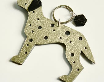 Gold Leather Dalmatian Keychain, Golden Dalmatian Keyring, Dalmatian Keepsake, Handmade Leather Dog Bag Charm, Spotty Dog, Gold Keyring, Pet
