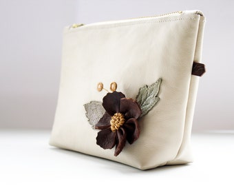Handmade Floral Leather Zip Pouch: Cream Cosmetic Bag