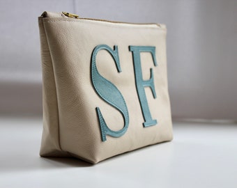 Personalised Initials Leather Zip Pouch, Two Letters, Leather Bag, Monogram Zip Pouch, Pencil Case, Makeup Bag, Custom Gift, Double Inital