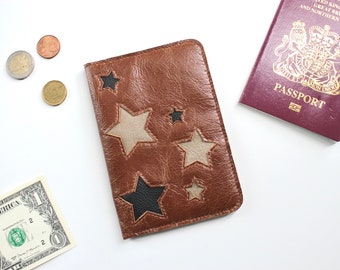 Leather Passport Cover Star Design, Celestial Passport cover, Customisable Passport Holder, Leather Travel Accessories, Multi Colour