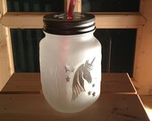 Unicorn Gift Mason Jar Glass Sandblast Etched with Lid and Straw