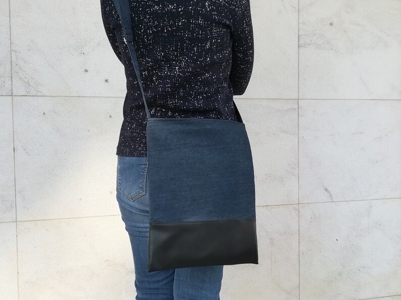 Denim crossbody bag Vegan leather messenger bag