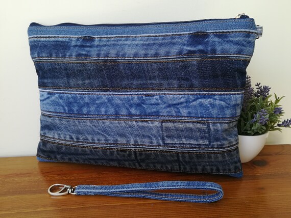 Denim clutch bag 12.6 x 9.1 jeans wristlet purse | Etsy